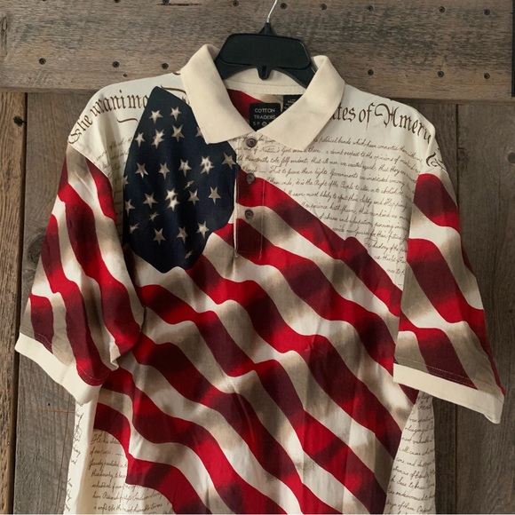 Men’s L COTTON TRADERS SPORT Polo Shirt Declaration of Independence S/S Flag EXC - Picture 2 of 11